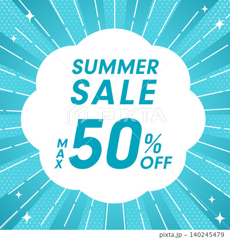 青い放射線とドット柄が広がる背景に「SUMMER SALE」の文字が入ったセール背景 青い放射線とドット柄が広がる背景に「SUMMER SALE」の文字が入ったセール背景 140245479
