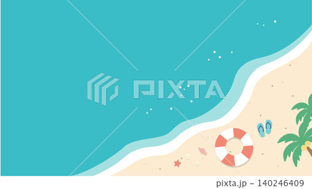 夏のバナー　海の背景イラスト　　夏素材　ビーチ、浮き輪、浜辺　ビーチサンダル、　 140246409