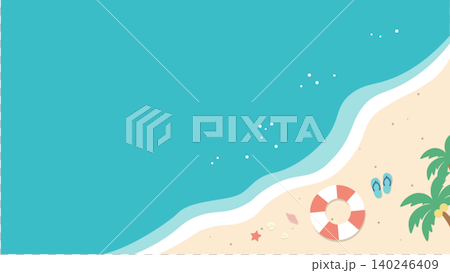 夏のバナー　海の背景イラスト　　夏素材　ビーチ、浮き輪、浜辺　ビーチサンダル、　 140246409