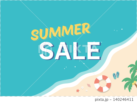 Summer banner, ocean background illustration, summer materials, beach, inner tube, shoreline, flip-flops. 140246411