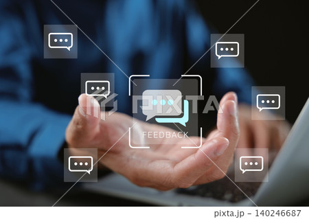 Businessman holding digital feedback customer review satisfaction communication concept for modern digital marketing crm, virtual message bubbles hover over hand while using laptop computer Businessman holding digital feedback customer review satisfaction communication concept for modern digital marketing crm, virtual message bubbles hover over hand while using laptop computer 140246687