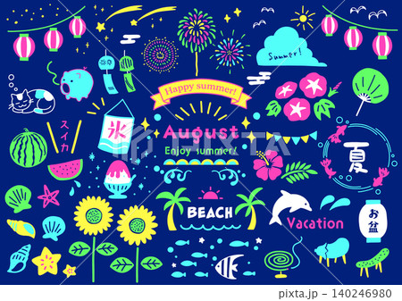 8月の夏祭り・夜イベント手描きイラストセット:花火・お盆・ネオンカラーの夜のあしらい素材 8月の夏祭り・夜イベント手描きイラストセット:花火・お盆・ネオンカラーの夜のあしらい素材 140246980