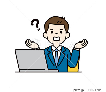 ノートパソコンの前で困ってお手上げのポーズをとる、スーツを着た若い男性のベクターイラスト素材 ノートパソコンの前で困ってお手上げのポーズをとる、スーツを着た若い男性のベクターイラスト素材 140247048