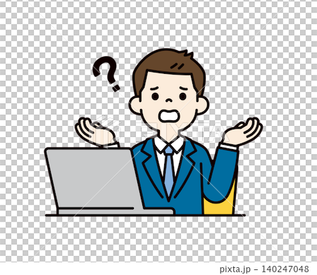 ノートパソコンの前で困ってお手上げのポーズをとる、スーツを着た若い男性のベクターイラスト素材 ノートパソコンの前で困ってお手上げのポーズをとる、スーツを着た若い男性のベクターイラスト素材 140247048