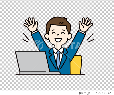 Vector illustration of a young businessman in a suit cheering and raising his arms in joy in front of a computer. Vector illustration of a young businessman in a suit cheering and raising his arms in joy in front of a computer. 140247052