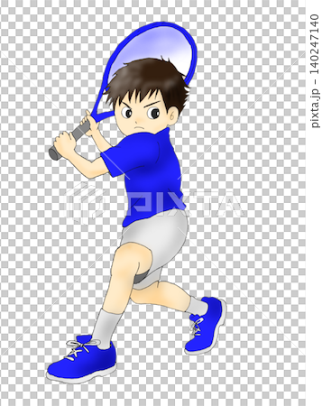 男孩(穿著藍色制服)手持網球拍的插圖。 男孩(穿著藍色制服)手持網球拍的插圖。 140247140