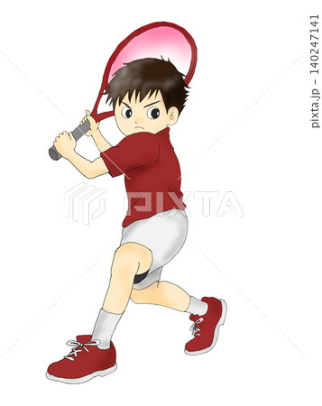 テニスラケットを構える男の子(赤ユニフォーム)のイラスト テニスラケットを構える男の子(赤ユニフォーム)のイラスト 140247141