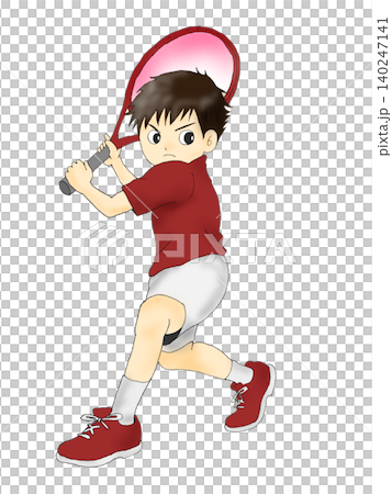 テニスラケットを構える男の子(赤ユニフォーム)のイラスト テニスラケットを構える男の子(赤ユニフォーム)のイラスト 140247141
