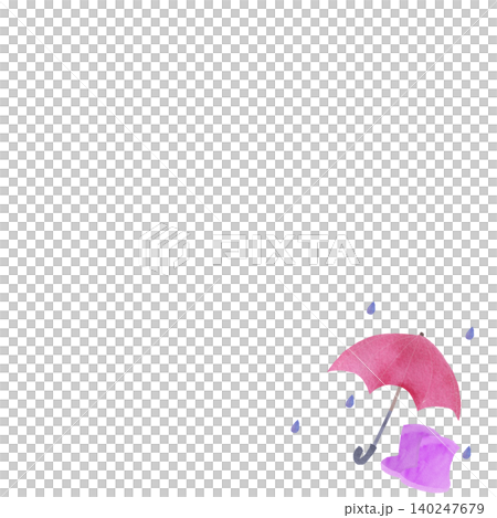 A watercolor illustration of a red umbrella, purple rain boots, and raindrops. A watercolor illustration of a red umbrella, purple rain boots, and raindrops. 140247679