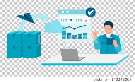 A male worker in work clothes checks a progress graph of KPIs synchronized with warehouse inventory data on his desk PC screen. 140248067