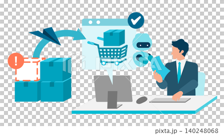 A businessman in a suit checks the AI-powered automated ordering system and stockout notifications on his desk PC screen. 140248068