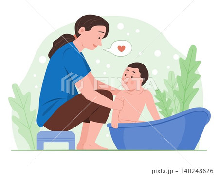 Mother Bathing Baby Son Outdoor in Bathtub in Garden for Childhood Healthcare and Family Relationship Concept Illustration Clip Art 140248626