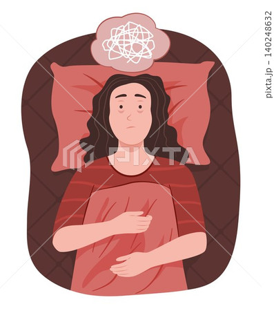 Insomnia Woman Lying in Bed with Stress and Confused Feeling for Sleepless and Mental Health Concept Illustration Insomnia Woman Lying in Bed with Stress and Confused Feeling for Sleepless and Mental Health Concept Illustration 140248632