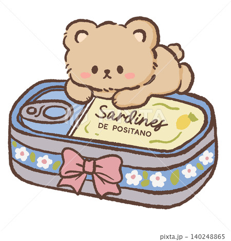 Cute Kawaii Teddy Bear Resting On Decorative Sardine Tin Positano Coastal Seafood Souvenir Italian Mediterranean Summer Food Character Illustration 140248865