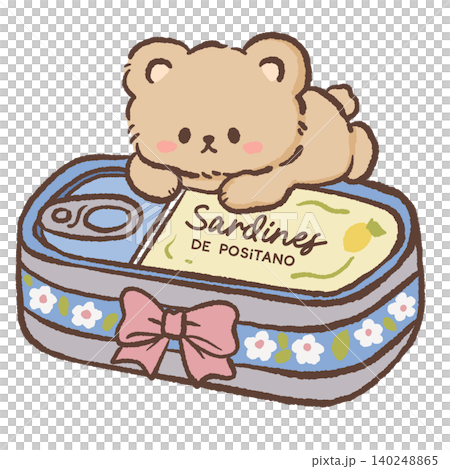 Cute Kawaii Teddy Bear Resting On Decorative Sardine Tin Positano Coastal Seafood Souvenir Italian Mediterranean Summer Food Character Illustration 140248865