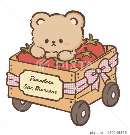 Adorable Teddy Bear Riding Wooden Cart Filled With San Marzano Tomatoes Italian Farmer Market Harvest Mediterranean Food Character Illustration Adorable Teddy Bear Riding Wooden Cart Filled With San Marzano Tomatoes Italian Farmer Market Harvest Mediterranean Food Character Illustration 140248866