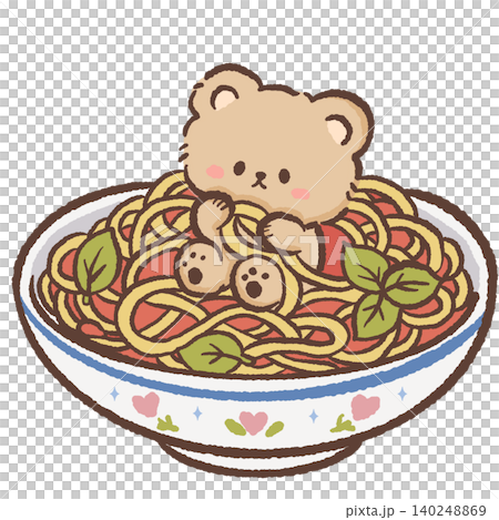 Adorable Kawaii Teddy Bear Sitting In Bowl Of Classic Italian Tomato Basil Spaghetti Pasta Mediterranean Food Lover Character Illustration Adorable Kawaii Teddy Bear Sitting In Bowl Of Classic Italian Tomato Basil Spaghetti Pasta Mediterranean Food Lover Character Illustration 140248869