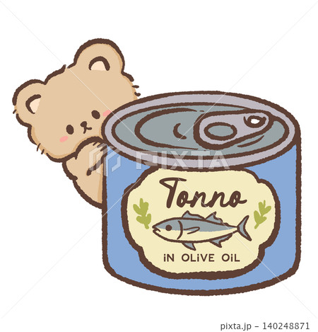 Cute Teddy Bear Peeking Behind Tuna Can In Olive Oil Italian Seafood Pantry Food Mediterranean Market Kawaii Character Illustration 140248871