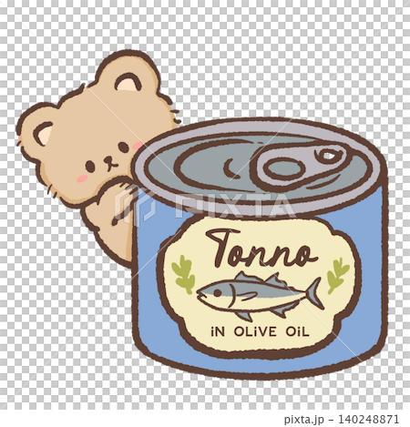 Cute Teddy Bear Peeking Behind Tuna Can In Olive Oil Italian Seafood Pantry Food Mediterranean Market Kawaii Character Illustration 140248871