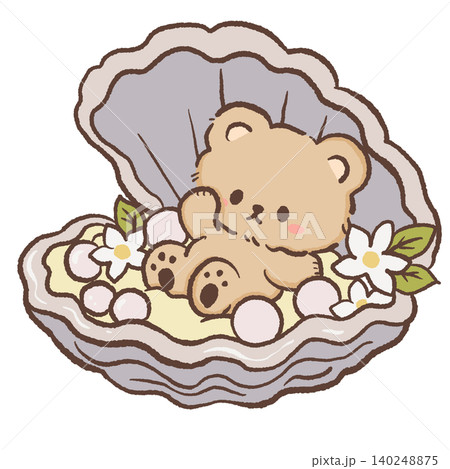 Cute Teddy Bear Relaxing Inside Oyster Shell With Pearls And White Flowers Coastal Mediterranean Beach Theme Kawaii Character Illustration 140248875