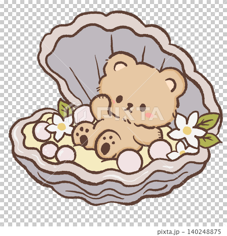 Cute Teddy Bear Relaxing Inside Oyster Shell With Pearls And White Flowers Coastal Mediterranean Beach Theme Kawaii Character Illustration 140248875