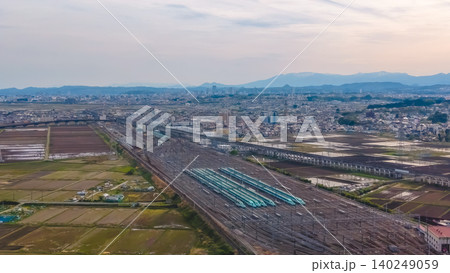 April 30 2026 Shinkansen trains parked at Sendai yard near suburban landscape April 30 2026 Shinkansen trains parked at Sendai yard near suburban landscape 140249059