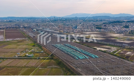 April 30 2026 Shinkansen trains parked at Sendai yard near suburban landscape April 30 2026 Shinkansen trains parked at Sendai yard near suburban landscape 140249060
