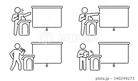 Speaker on podium with blank screen presentation template line icon set Speaker on podium with blank screen presentation template line icon set 140249273