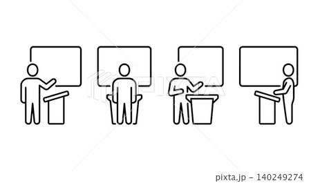 Speaker on podium with blank screen presentation template line icon set 140249274
