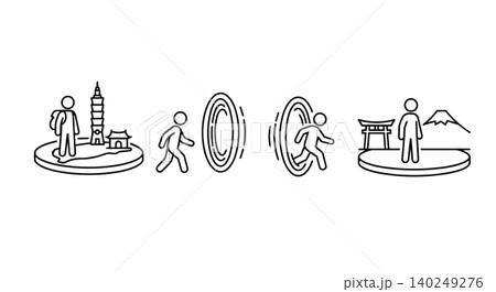 Travel from Taiwan to Japan through portal door concept line icon set Travel from Taiwan to Japan through portal door concept line icon set 140249276