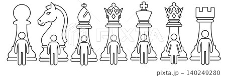 Business team roles and chess pieces strategy concept line icon set Business team roles and chess pieces strategy concept line icon set 140249280