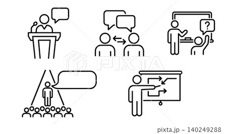 Public speaking, business communication and classroom education line icon set 140249288