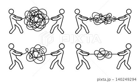 People pulling messy rope to solve conflict and problem line icon set 140249294
