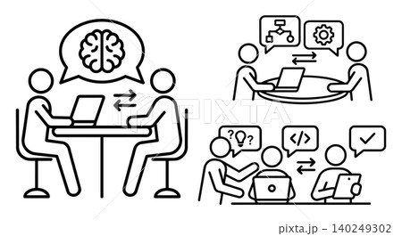 Software engineering development, brain storming and business team communication line icon set 140249302
