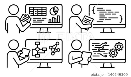Data analysis, software coding, and workflow automation line icon set. Programmer or analyst working with computer dashboard, flowchart, and system settings vector illustration. Data analysis, software coding, and workflow automation line icon set. Programmer or analyst working with computer dashboard, flowchart, and system settings vector illustration. 140249309