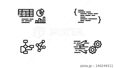 Data analytics, programming code, workflow algorithm, and tech automation line icon set. Business intelligence, software engineering, and database management concept vector illustration. Data analytics, programming code, workflow algorithm, and tech automation line icon set. Business intelligence, software engineering, and database management concept vector illustration. 140249311