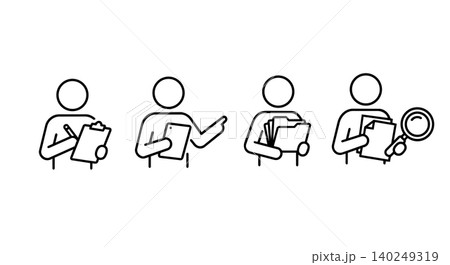 Business person auditing data, holding clipboard, file folder, and magnifier line icon set. Office worker or analyst reviewing document and tablet vector illustration. 140249319