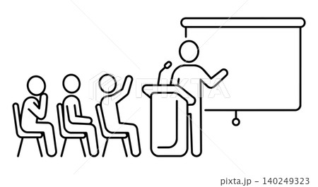 Business presentation, seminar lecture, and classroom training line icon. Speaker on podium with blank screen and audience raising hand vector illustration. Business presentation, seminar lecture, and classroom training line icon. Speaker on podium with blank screen and audience raising hand vector illustration. 140249323