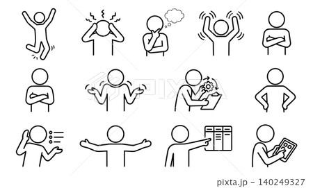 People body language, workplace emotions, and problem solving line icon set. Person character gestures, variant poses, and office action vector illustration. People body language, workplace emotions, and problem solving line icon set. Person character gestures, variant poses, and office action vector illustration. 140249327