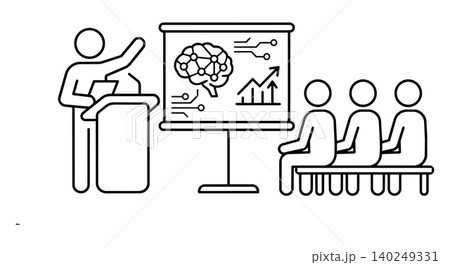 AI technology presentation, data science seminar, and tech business lecture line icon. Speaker explaining neural network brain chart to audience vector illustration. 140249331