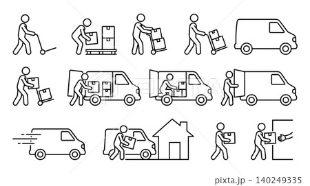 Courier delivery service, logistics workflow, and cargo van shipping line icon set. Package loading, fast transport, and last mile home delivery steps vector illustration. Courier delivery service, logistics workflow, and cargo van shipping line icon set. Package loading, fast transport, and last mile home delivery steps vector illustration. 140249335