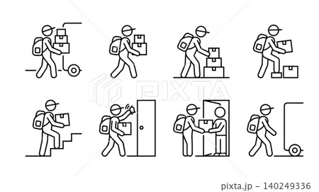Courier home delivery steps, last mile logistics, and mail carrier action line icon set. Delivery man holding package, walking up stairs, ringing doorbell, and hand over vector illustration. Courier home delivery steps, last mile logistics, and mail carrier action line icon set. Delivery man holding package, walking up stairs, ringing doorbell, and hand over vector illustration. 140249336