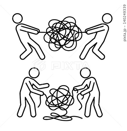 People untangling messy rope and tug of war conflict line icon set 140249339