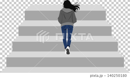 An illustration of a woman's back as she climbs a staircase. 140250180