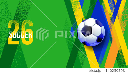 Modern abstract Brazil football background with dynamic green and yellow brush strokes, soccer ball element 140250398