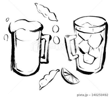 挿絵イラスト 墨絵 水墨画 生ビールとレモン酎ハイ 挿絵イラスト 墨絵 水墨画 生ビールとレモン酎ハイ 140250492