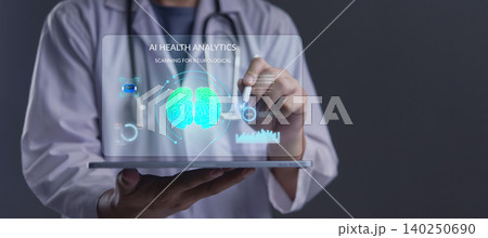 Doctor using digital tablet with AI Health Analytics interface scanning human brain. Futuristic medical technology concept for neurology diagnosis and neurological research. 140250690