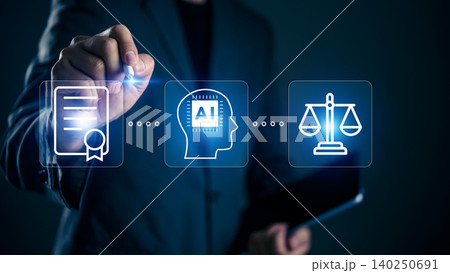 Businessman using stylus on virtual screen with AI, Document, and Scales of Justice icons. Concept of AI regulation, legal compliance, ethics, copyright protection, and governance technology. Businessman using stylus on virtual screen with AI, Document, and Scales of Justice icons. Concept of AI regulation, legal compliance, ethics, copyright protection, and governance technology. 140250691