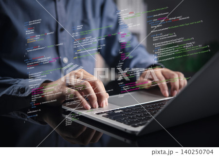 programmer typing on laptop with virtual code overlay. Software development, web design, and coding technology concept. IT engineer working on algorithm and programming script. 140250704