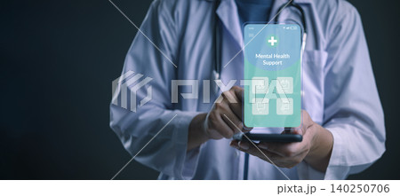 Doctor using smartphone with mental health support app interface. Telemedicine concept for online psychological counseling, therapy chat, and mindfulness meditation on a virtual holographic screen. Doctor using smartphone with mental health support app interface. Telemedicine concept for online psychological counseling, therapy chat, and mindfulness meditation on a virtual holographic screen. 140250706